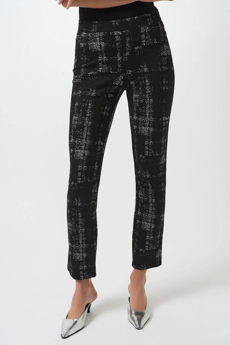 NEW JOSEPH RIBKOFF plaid jacquard slim ankle pants in black/off-white